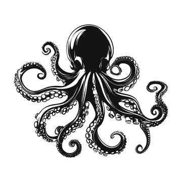 recommend clip art: Black and white illustration of an octopus with eight tentacles. 