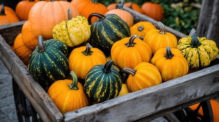 Obraz premium A rustic wooden cart filled with pumpkins, squash, and gourds