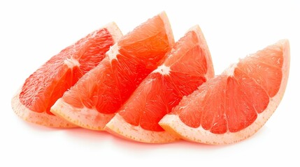 Sliced grapefruit pieces fanned out elegantly, with detailed texture of the pulp and rind. A clean, bright white background highlights the fruit's freshness