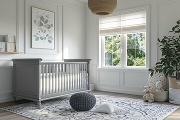 Contemporary nursery with gray crib, white walls, playful window shades, whimsical atmosphere for young children, Canon EOS style, realistic photography, high resolution