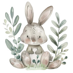 Easter rabbit fun illustration with eggs and flowers