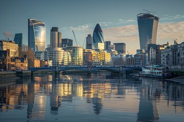 Obraz premium City of London multiple exposure image includes skyscrapers of business district and River Thames at sunset. UK