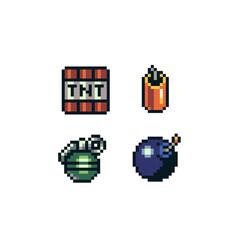 TNT pixel art style icons set, bomb and explosive, bullets, red dynamite and grenade isolated vector illustration. Design for sticker, mobile app and logo. Game assets.