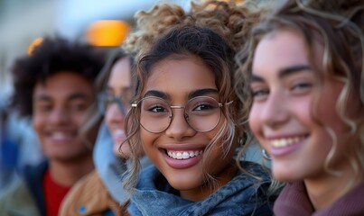 Happy multiracial friends are chatting and laughing together on a city street, with multicultural university students enjoying their time and smiling outdoors.