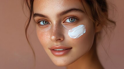 Fototapeta premium Close-up portrait of a young woman using skincare cream, highlighting her clear and radiant complexion