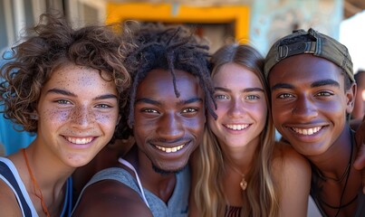 Fototapeta premium A multiracial group of friends is taking a selfie outside, with international students enjoying time together on campus, reflecting a vibrant friendship and lifestyle.