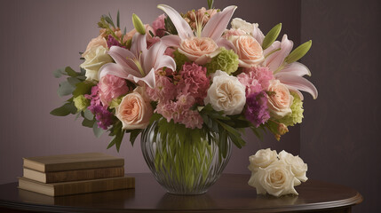 Obraz premium an elegant floral arrangement with pastel roses, peonies, and lilies
