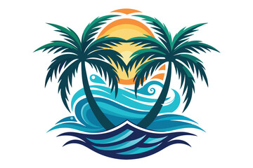 Palm Trees, Waves, and Sunset Illustration
