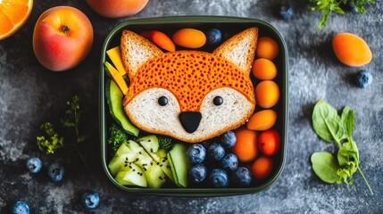 Fun and healthy kid lunch box with a fox-shaped sandwich, assorted veggies, and fruits like blueberries and apricots.