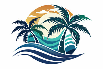 Obraz premium Stylized Illustration of Palm Trees and Ocean Waves at Sunset