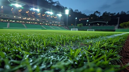 Evening Sports Field Ready for Action Under Bright Stadium Lights in a Serene Location. Generative AI