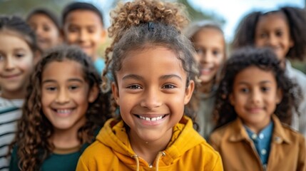 Fototapeta premium Cheerful Multicultural Children Playing in Schoolyard with a focus on a smiling Girl
