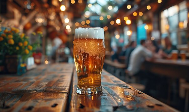 People are enjoying beer at a brewery pub restaurant, with friends sitting at the bar table during happy hour, highlighting a lively and social dining experience.
