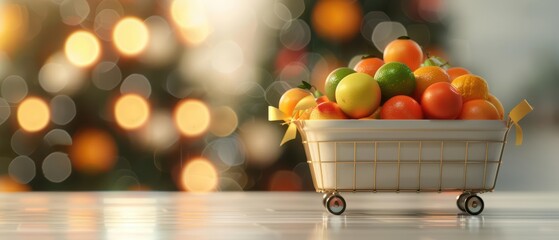 Naklejka premium In a futuristic market, a podium showcases a hightech cart filled with exotic fruits