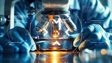 A scientist uses a microscope in a lab, with a digital interface overlay. Seamless loop video background - Powered by Adobe