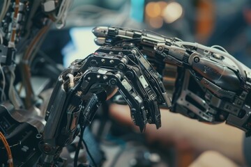 Fototapeta premium Image of a robot being held by a person, A human adjusting a robot's settings, Ai generated