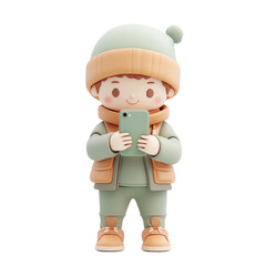 Fototapeta premium A cheerful child in stylish winter attire, holding a smartphone, ready to capture memorable moments in a playful atmosphere.