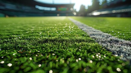 Naklejka premium Dewy Grass Streaks in a Sunlit Soccer Field Just Before Kickoff. Generative AI