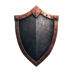 A rustic metal shield with a copper frame, showcasing a strong and protective design ideal for medieval themes and artwork.