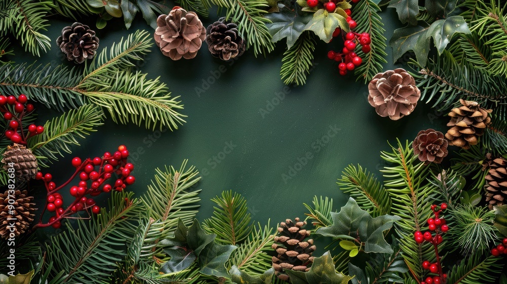 Poster christmas backdrop created with branches of various evergreen trees red berries and pine cones flat 