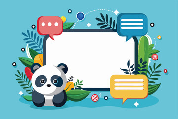 Fototapeta premium Panda with blank speech bubble surrounded by foliage and colorful objects