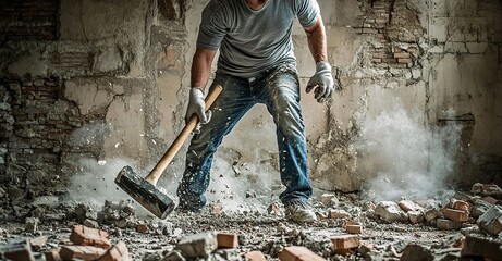 Man demolishing a wall with sledgehammer in old building