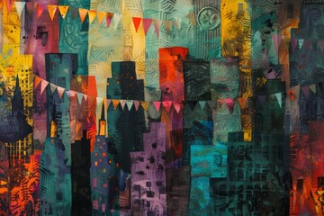 A lively street with buildings decorated by colorful flags, A fantasy city skyline with whimsical architecture and magical elements, AI generated