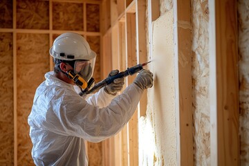 Skilled worker applying insulation with protective gear in unfinished room