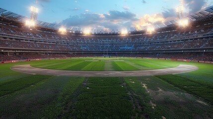 Vibrant Evening at a Stadium With Spectacular Lighting and Energetic Crowd Gathered for a Major Cricket Match. Generative AI