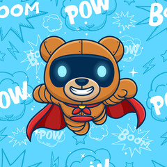 Cute bear robot superhero flying on seamless pattern superhero elements background.