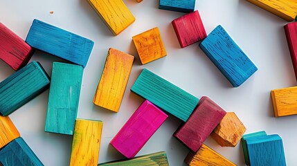 Colorful wooden toy blocks arranged on a white surface