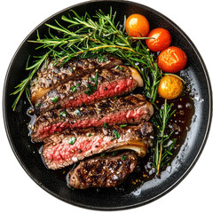 top view Beef meat cutting in a black plate, t bone, Wagyu Beef, rib eye, isolated on white transparent background