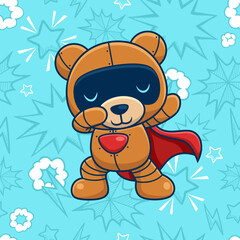 Cute bear robot superhero dabbing on seamless pattern superhero elements background. Vector cartoon illustration