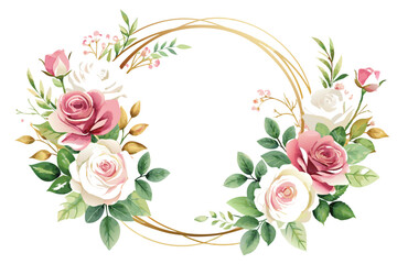 Watercolor Floral Wreath with Pink and White Roses and Gold Accents