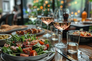 "A Table Set with Plates of Food, Glasses of Wine, a Bowl of Salad, and a Glass of Wine"