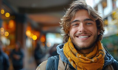 A happy student smiling at the camera on a college campus, reflecting a joyful outdoor scholarship and real-life lifestyle.