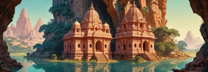 Naklejka premium Ancient Temples in a Mountain Valley.