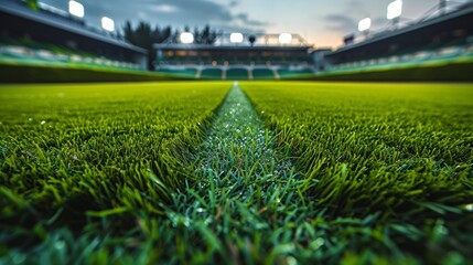 Lush Green Grass Field Preparing for Evening Sporting Event at Stadium Under Soft Twilight. Generative AI