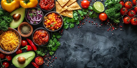 "Traditional Mexican Food Preparation with a Rustic Table Setting and Cultural Elements: Panoramic Top View with Space for Text"