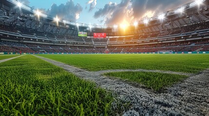 Exciting Soccer Match Underway at Twilight in a Large Stadium With Fans Cheering. Generative AI