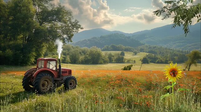 A red tractor stands in a field of wildflowers, with a sunflower in the foreground. The tractor is steaming, and there are mountains in the background. Seamless loop video background