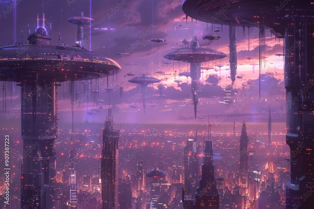 Poster a city in the clouds with pink and purple clouds, a dreamlike skyline with floating structures and e