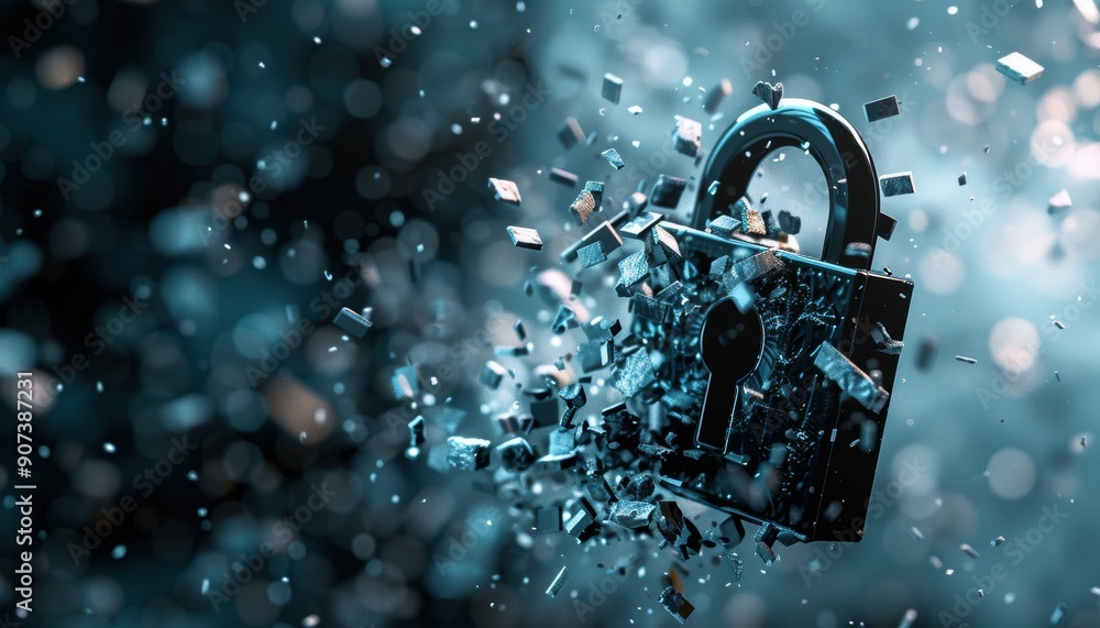 Poster dynamic digital representation of security lock shattering into fragmented pieces