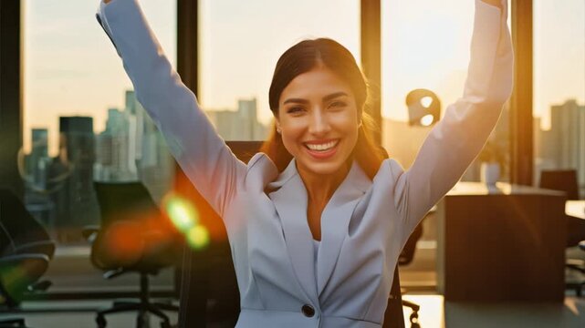 Business young woman very happy and excited doing winner gesture with arms raised sitting on chair in office.