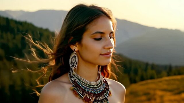 Beautiful native American woman wearing dreamcatcher earrings and necklaces is standing in a meadow forest mountains.