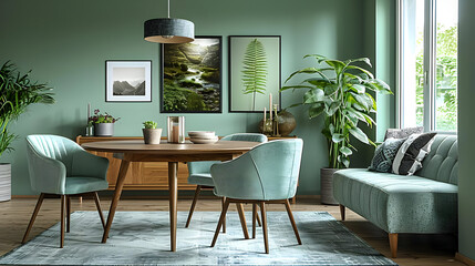 Green Living Room with Sofa and Dining Table