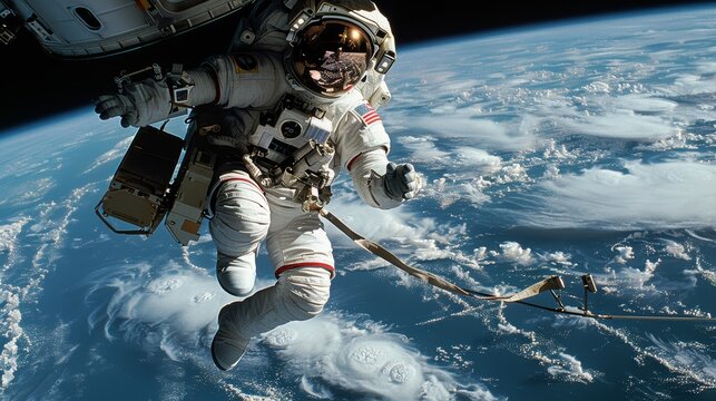 Astronaut Conducting Spacewalk While Observing Earth’s Surface and Hurricanes From Low Orbit. Generative AI