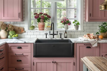 Beautiful farmhouse style pink kitchen