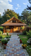 Fototapeta premium Charming cottage with garden and tiled patio area.