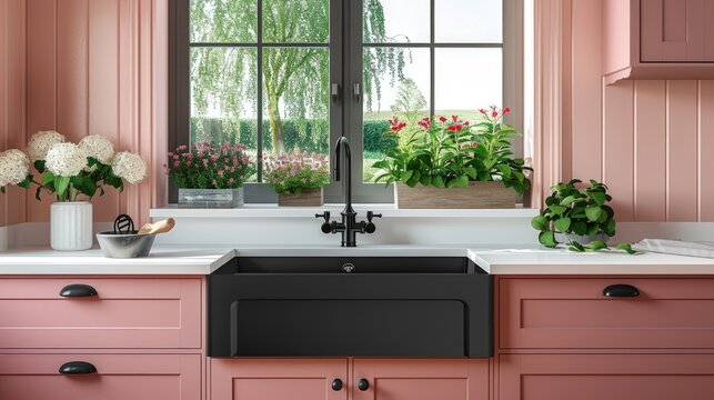 Beautiful farmhouse style pink kitchen